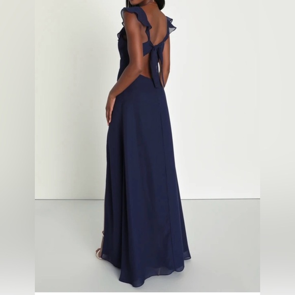 Lulus Sweetest Entrance Navy Blue Ruffled Tie-Back Maxi Dress Small NWT - Picture 3 of 11